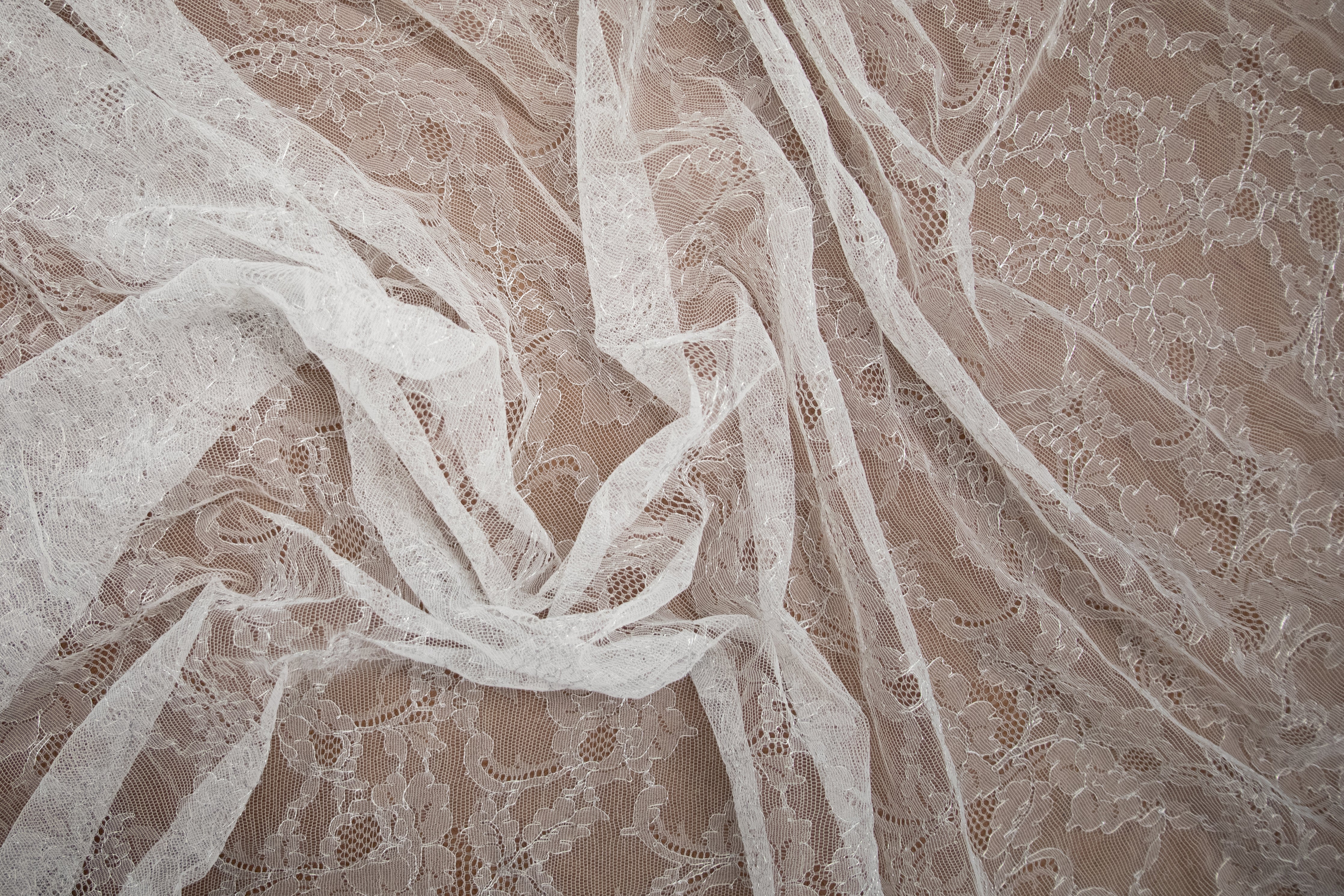Floral Chantilly Lace in Off-White/Silver Metallic, Made in France - Image 3