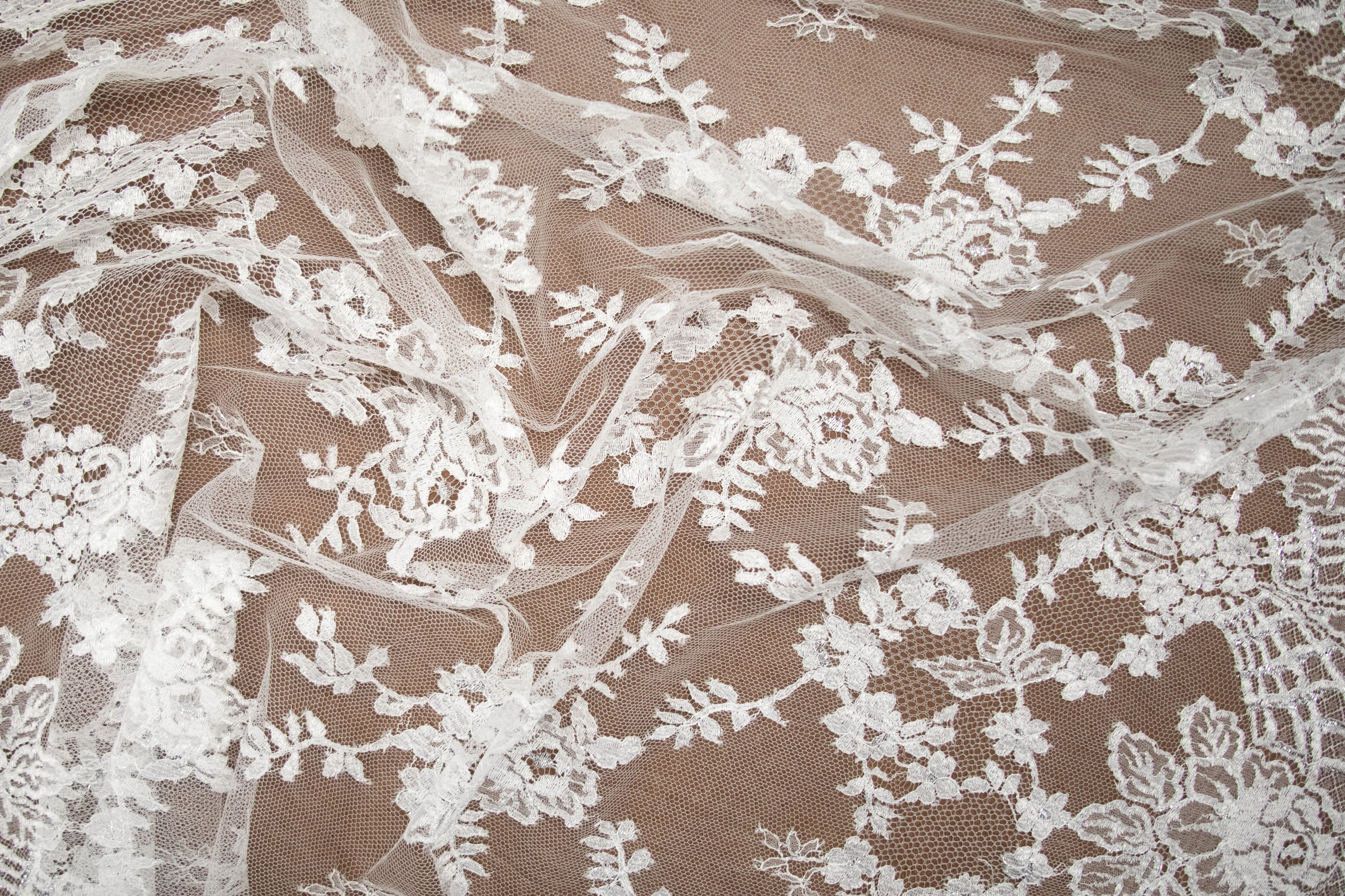 Floral Lace in Off-White/Silver Metallic, Made in France - Image 4